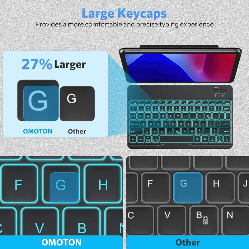 Omoton Bluetooth Keyboard for Tablet/Android/Windows/iOS, with 7 Colors Backlight Rechargeable Wireless Mini Keyboard for Galaxy Tab A9+ / S9 FE / S10 / S11 / A11 Series etc, Black - Image 3